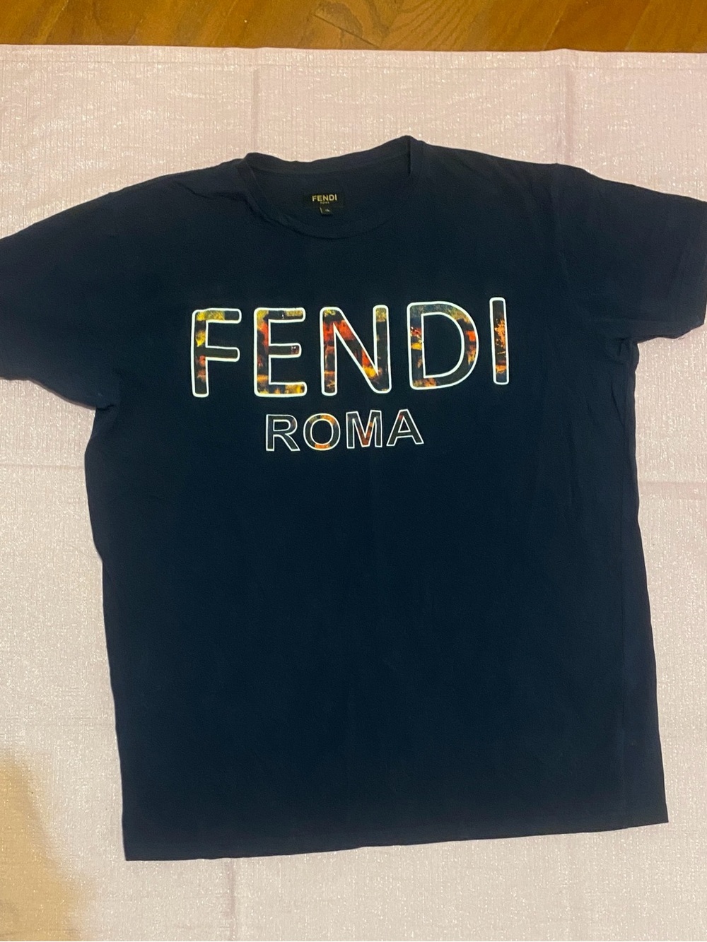 Fendi Black 'FENDI ROMA' Logo Tee with Multicolor Letter Fill